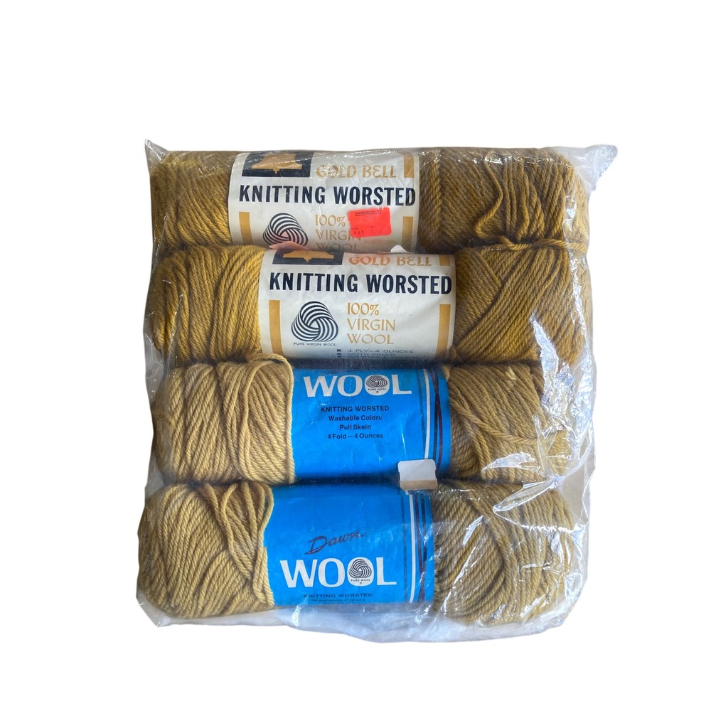 Vintage American Thread Gold Bell Worsted Wool Yarn Old Gold 4 Skeins 16oz Lot